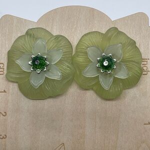 Frosted Green Flower Post Back Earrings with Crystal Center Estate Find